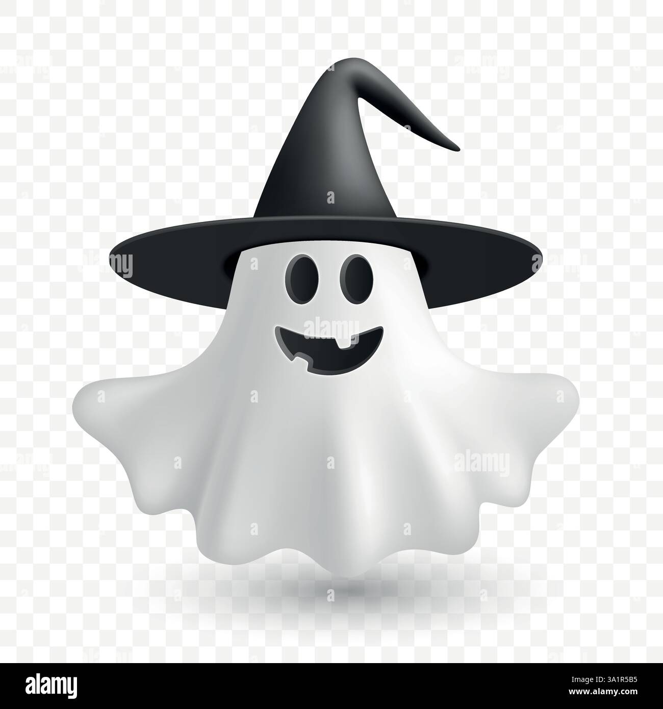 Vecteur 3d réaliste Happy Ghost dans le chapeau de sorcière. Fantôme d'Halloween effrayant, esprit flottant mignon. Drôle de fantôme de dessin animé, isolé. Caractère effrayant Illustration de Vecteur