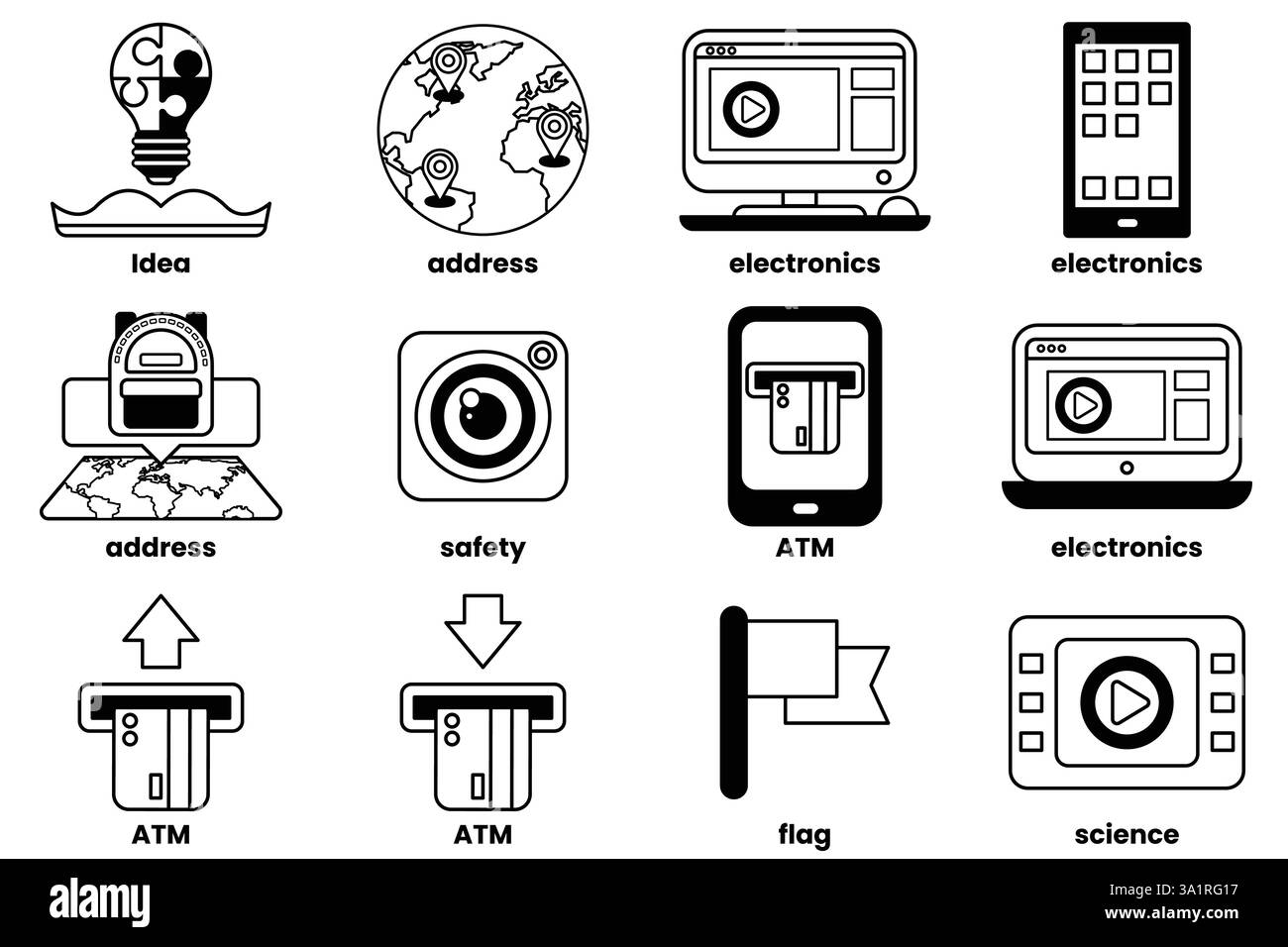 Une collection d'icônes pour divers appareils et services électroniques, y compris un appareil photo, un téléphone, un ordinateur portable, une tablette, une montre intelligente, une télévision intelligente, une montre intelligente Illustration de Vecteur