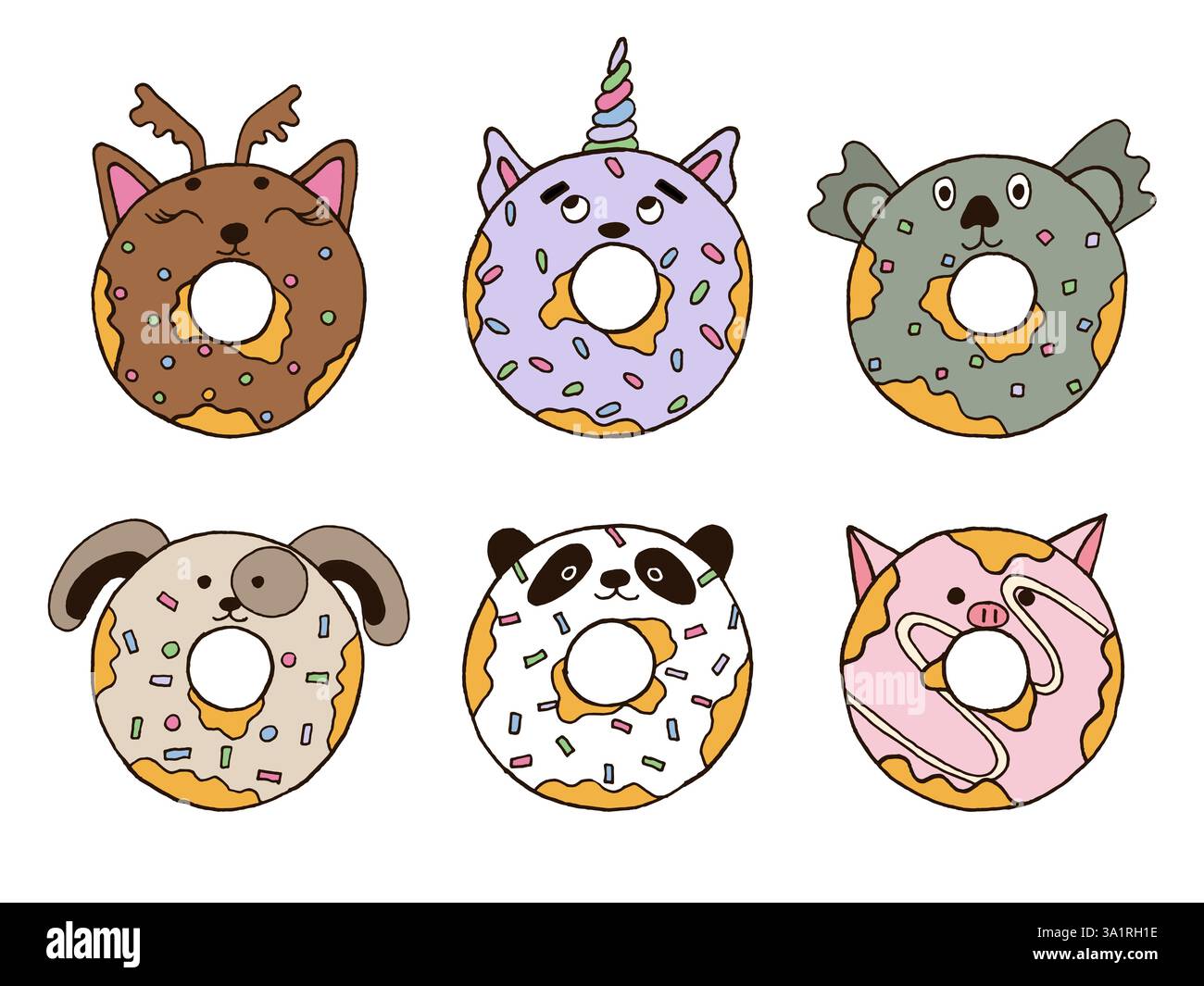 Ensemble d'animaux beignet mignons dessinés à la main Illustration de Vecteur