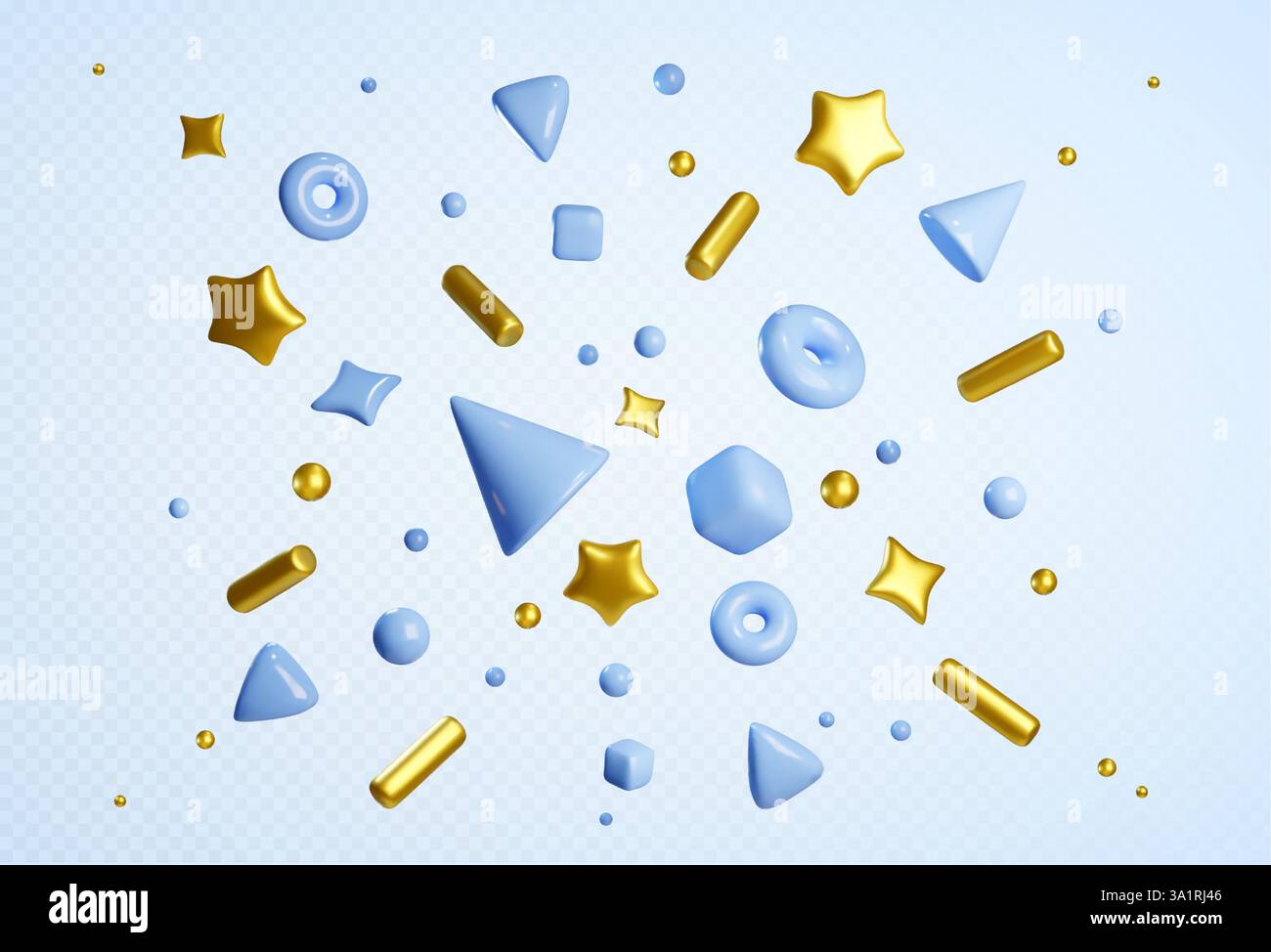 Motif confettis 3D avec étoiles dorées et formes géométriques bleues. Cylindres et sphères métalliques volants, triangles et éléments décoratifs brillants. Composition festive dynamique pour la conception de célébration. Illustration de Vecteur