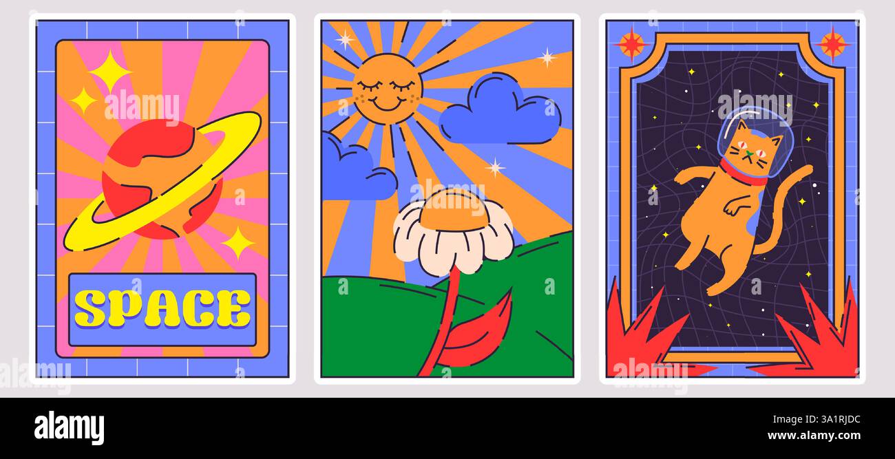 Ensemble d'affiches d'espace Groovy avec des couleurs vives et une esthétique rétro. Planète Saturne psychédélique avec des anneaux, des fleurs de Marguerite sur les collines sous le soleil rêveur et chat astronaute orange flottant dans le cosmos extérieur. Illustration de Vecteur