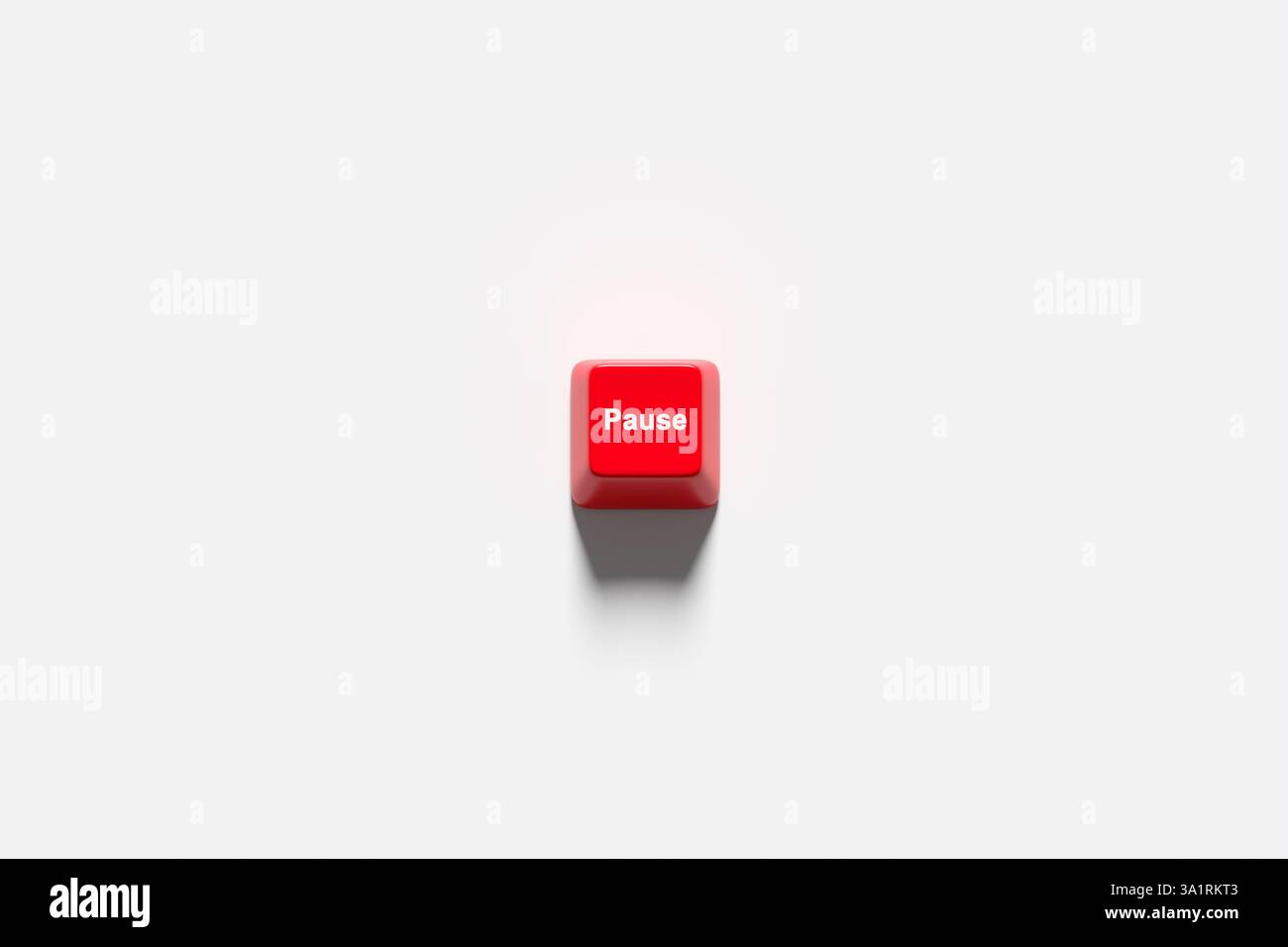 Prendre une pause du travail de bureau, du temps libre, de la détente et du repos. Faire une pause. Bouton rouge de pause du clavier de l'ordinateur sur fond blanc. Rendu 3D. Banque D'Images