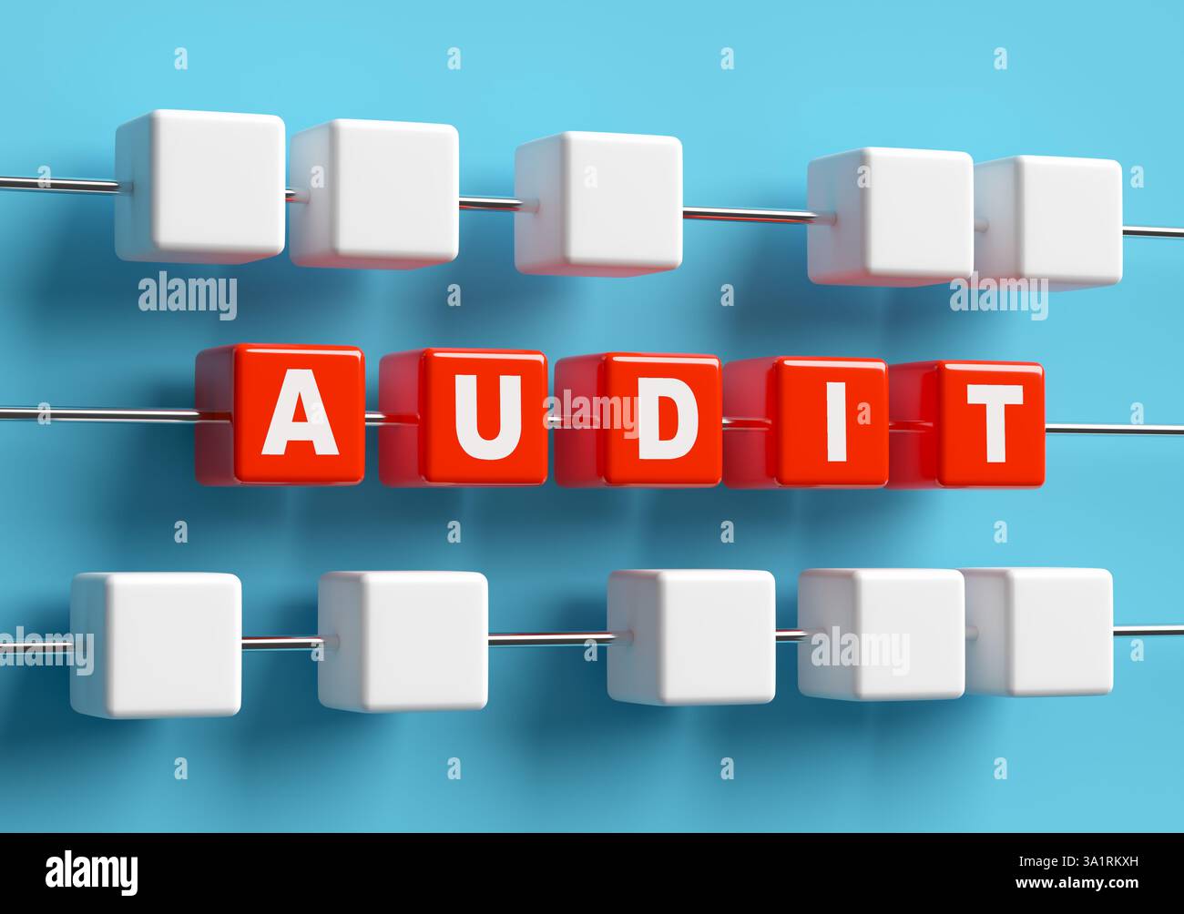 Concept commercial et financier. Audit financier. Cubes rouges formant le mot audit sur des rails métalliques et entourés de cubes blancs sur fond bleu. 3d Banque D'Images