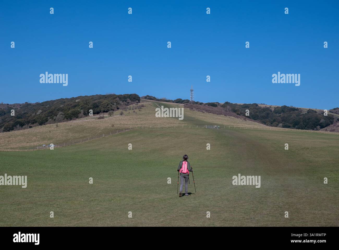 Une dame randonneuse commence la marche jusqu'à la colline Butser. Elle a des vêtements chauds, des bottes de randonnée et des bâtons de randonnée ainsi qu'un sac à dos rose vif. Mars 2025. Banque D'Images