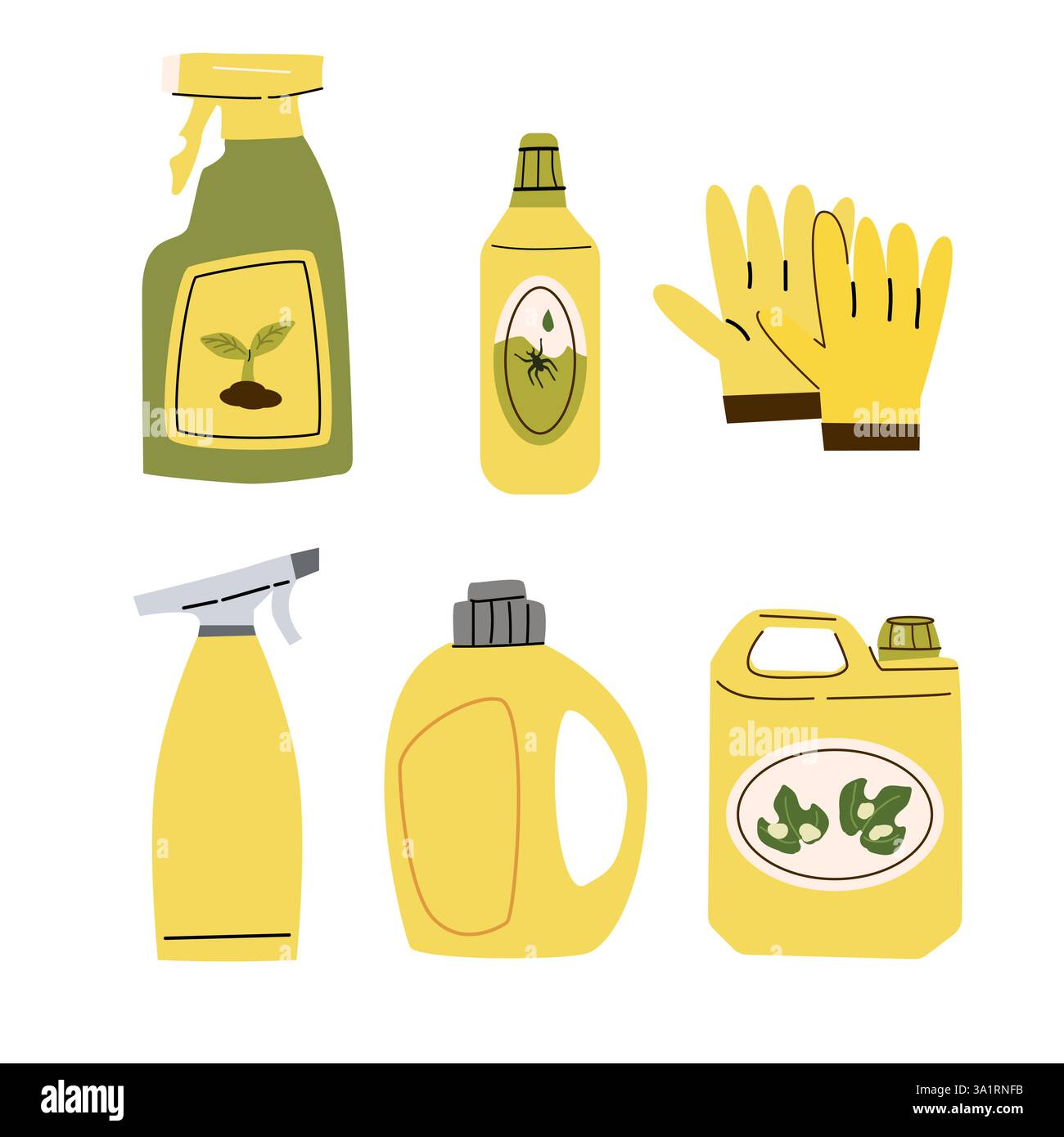 Outils de jardinage - bootle et gants pour l'horticulture et la conception de soin des plantes. Illustration de Vecteur