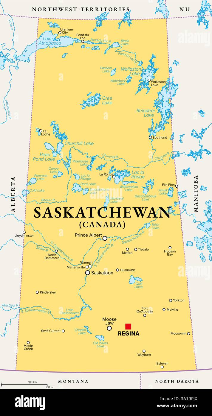 Saskatchewan, province de l'Ouest canadien, carte politique avec limites, et les plus grandes villes, rivières et lacs. Une des provinces des Prairies. Banque D'Images