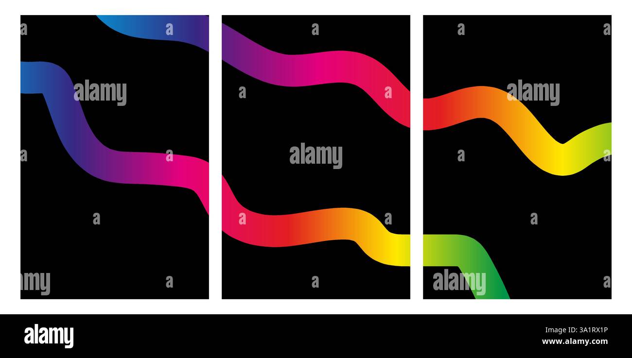 Design triptyque abstrait avec des lignes ondulées dégradées colorées sur fond noir Illustration de Vecteur