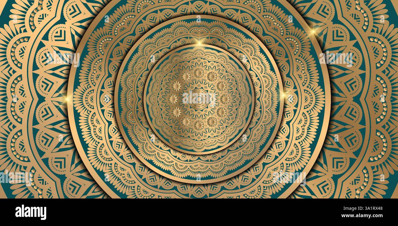 Luxueux papier peint mandala avec des motifs arabesques dorés, élément pour invitation, affiche de méditation, yoga, mariage, couverture de livre, page de couverture, Illustration de Vecteur