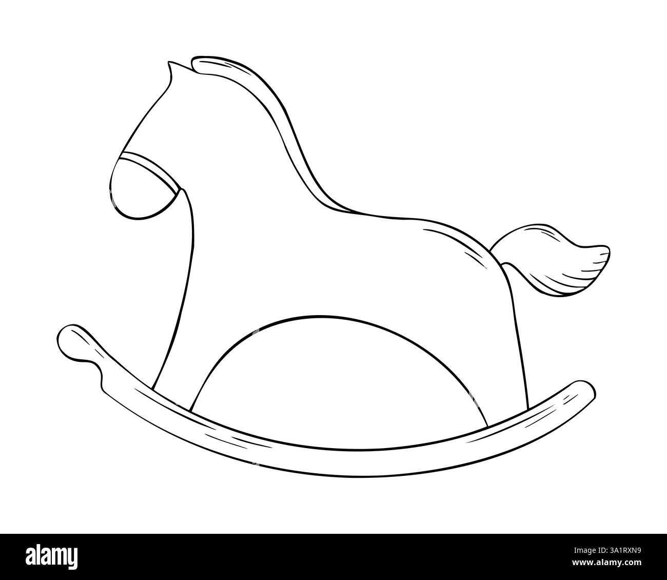 Illustration vectorielle de jouet de bébé. Décoration de pépinière, cheval à bascule en bois. Art de gravure dessiné à la main pour carte d'enfant, invitation, douche de bébé, étiquettes, impression Illustration de Vecteur