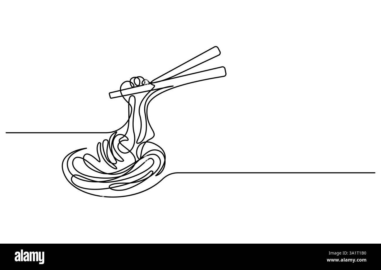 Fourchette avec une plaque de nouilles dans un dessin au trait continu, Illustration de Vecteur