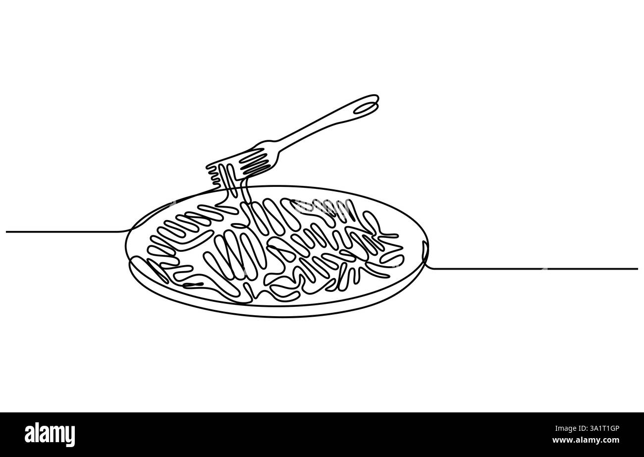 Fourchette avec une plaque de nouilles dans un dessin au trait continu, Illustration de Vecteur