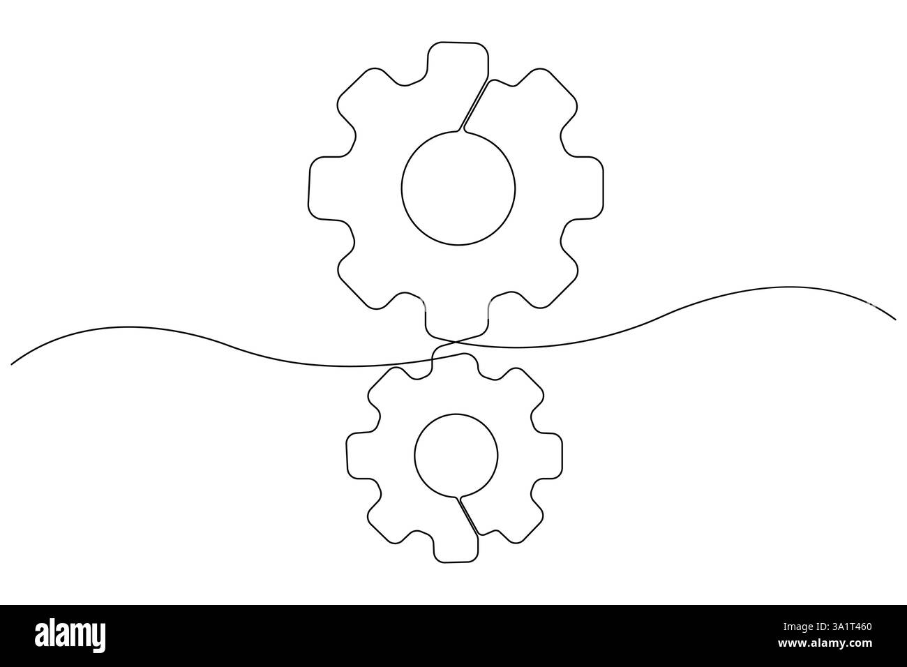 Technologie de symbole de roue d'engrenages de machine, dessin continu d'une ligne d'illustration vectorielle de contour d'engrenages mobiles Illustration de Vecteur