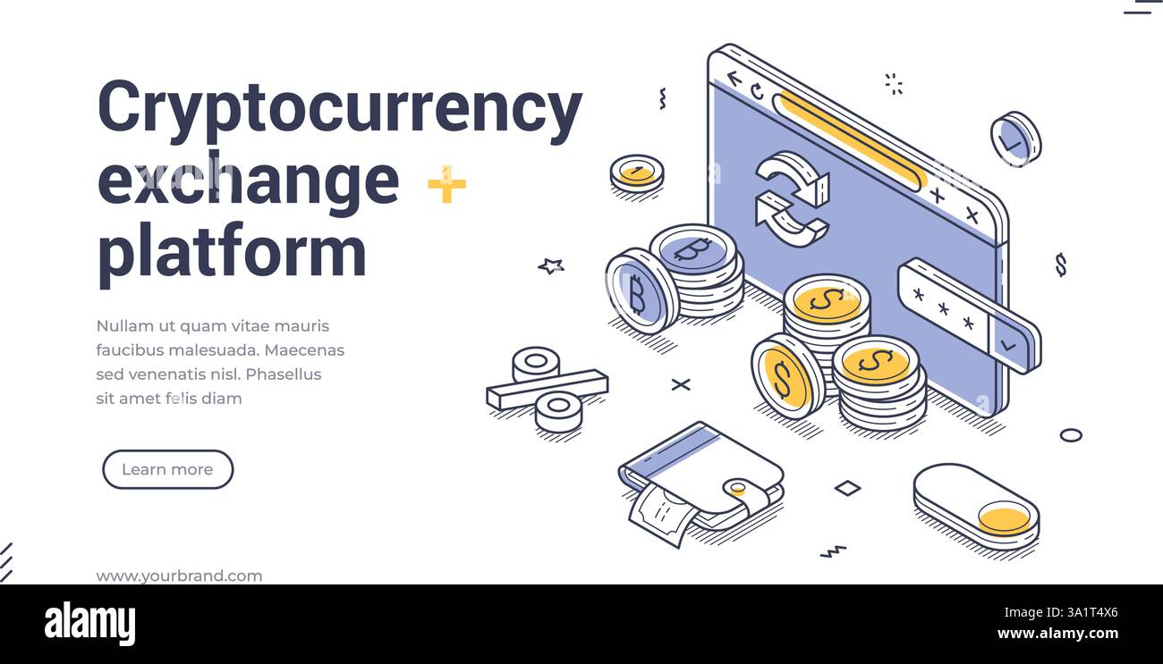 Le modèle de bannière Web présente une plate-forme d'échange de crypto-monnaie avec un design isométrique propre. Il dispose de pièces de monnaie, une interface numérique et un appel clair Illustration de Vecteur