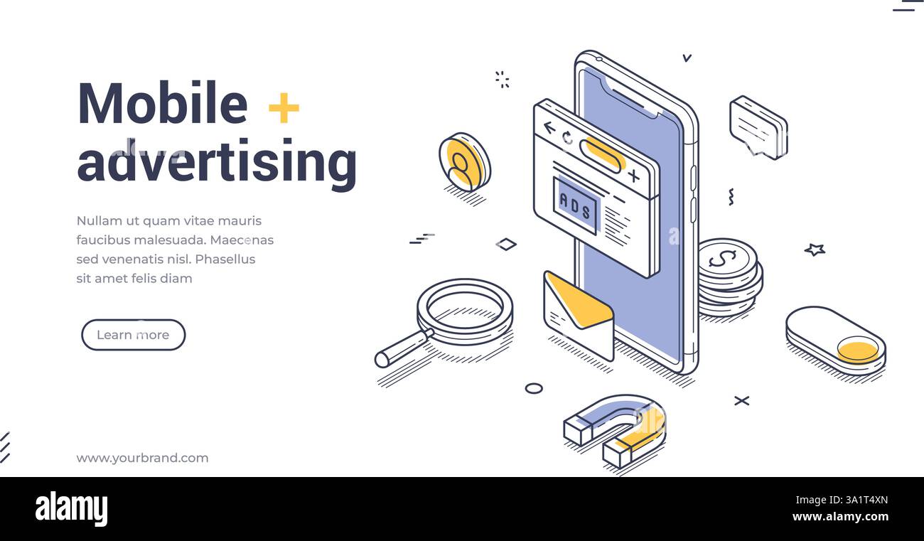 Modèle de bannière Web publicitaire mobile créative qui présente des illustrations isométriques et des lignes séparées Cette conception est idéale pour promouvoir un camp innovant Illustration de Vecteur