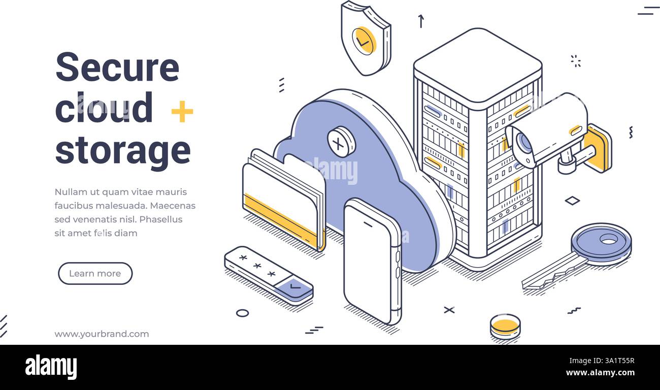 Le modèle de bannière Web illustre les concepts de stockage sécurisé dans le cloud à l'aide d'une conception isométrique. Il dispose d'un cloud, d'un centre de données et d'outils de sécurité à emporter Illustration de Vecteur