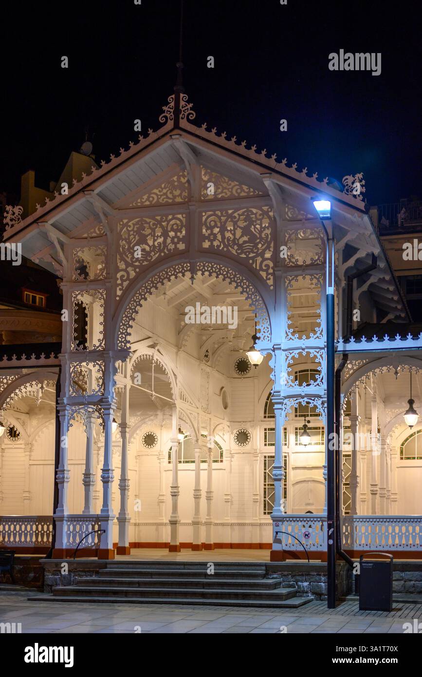 La Colonnade du marché en bois richement sculpté à Karlovy Vary, Carlsbad, ancienne ville thermale historique avec des sources thermales dans la région de Bohême occidentale de la République tchèque Banque D'Images
