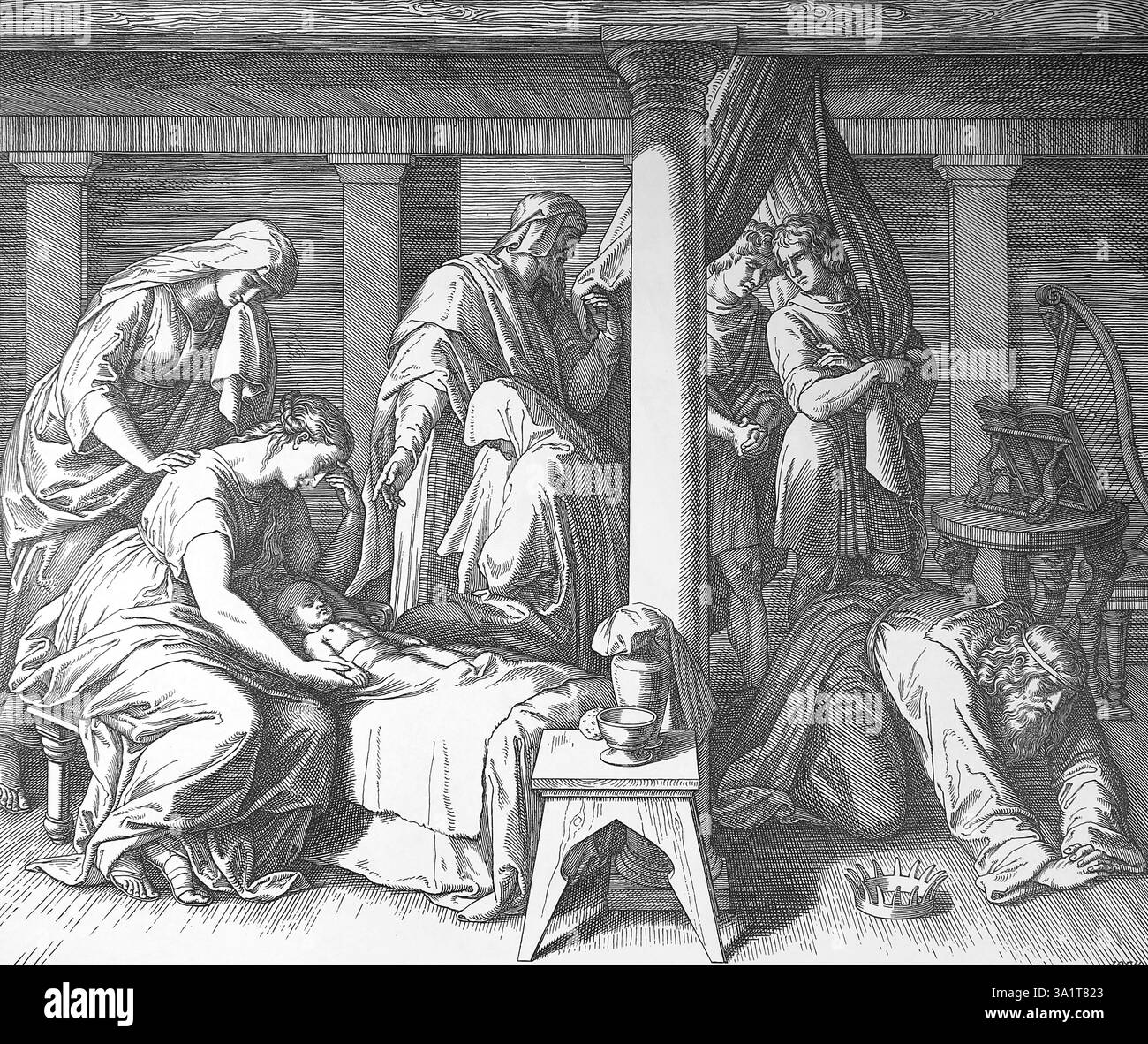 Bible. Dieu punit David et le fils de Bathsheba . 2e Livre de Samuel. Illustration par J. Schnorr von Carolsfeld. 'The Picture Bible', 1852-60. Banque D'Images