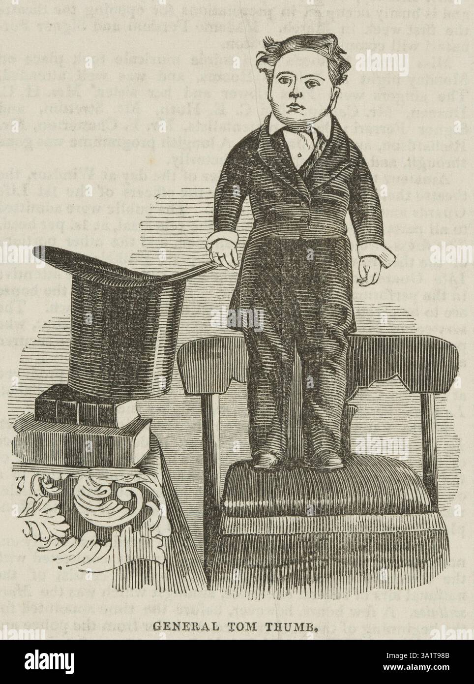 Général Tom Thumb, un artiste de scène populaire de très petite taille, 1844. Un chapeau haut de gamme est inclus dans la gravure pour donner une perspective sur sa taille. Charles Sherwood Stratton (1838-1883), connu sous son nom de scène General Tom Thumb, était un américain nanisme qui a acquis une grande renommée en tant qu'interprète sous le pionnier du cirque P. T. Barnum. Banque D'Images
