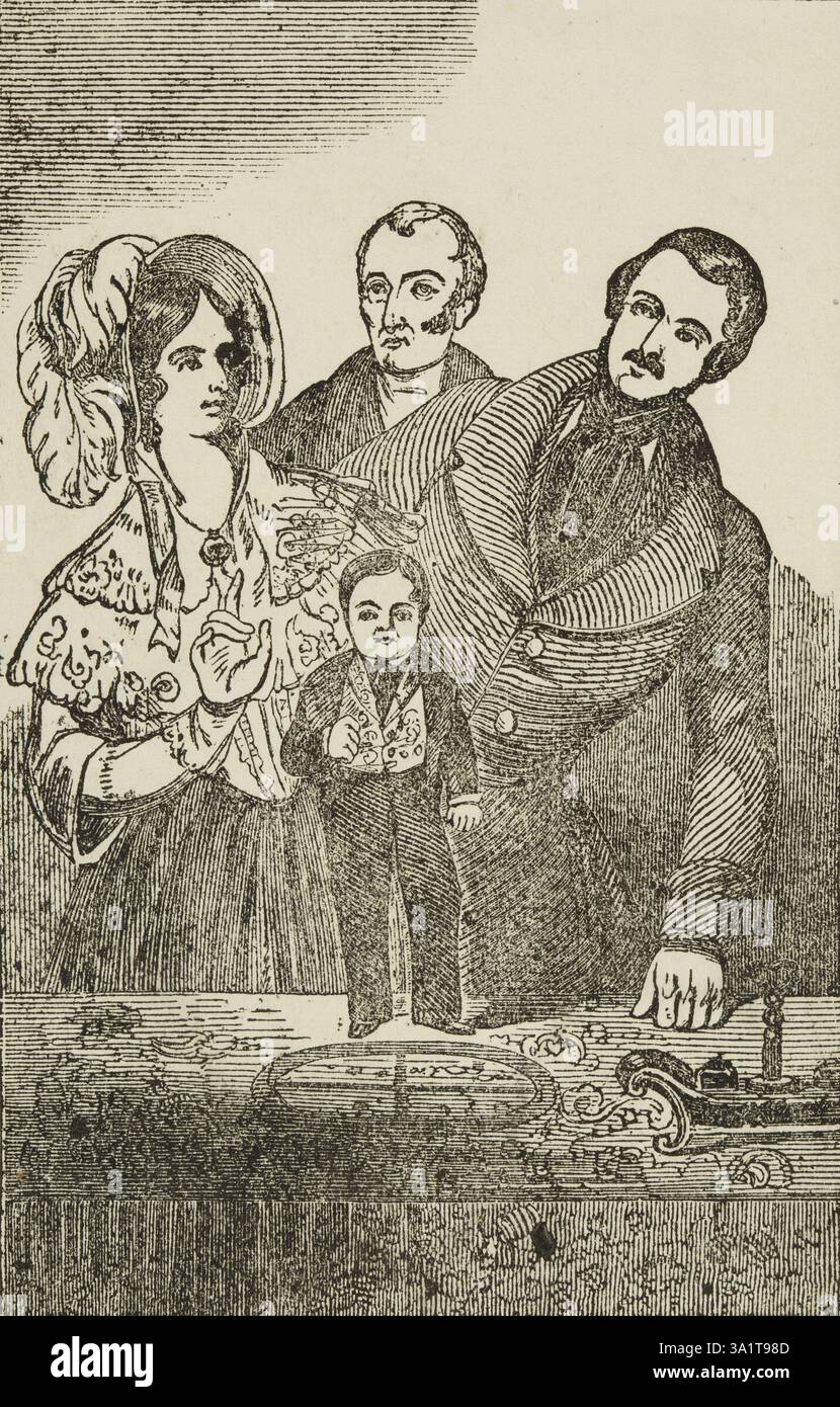 Visiteurs avec le général Tom Thumb à la Royal Adelaide Gallery, Westminster, 1844. Charles Sherwood Stratton (1838-1883), connu sous son nom de scène General Tom Thumb, était un américain nanisme qui a acquis une grande renommée en tant qu'interprète sous le pionnier du cirque P. T. Barnum. L'Adelaide Gallery de Londres était également connue sous le nom de National Gallery of Practical Science, Blending instruction with Amusement. Banque D'Images