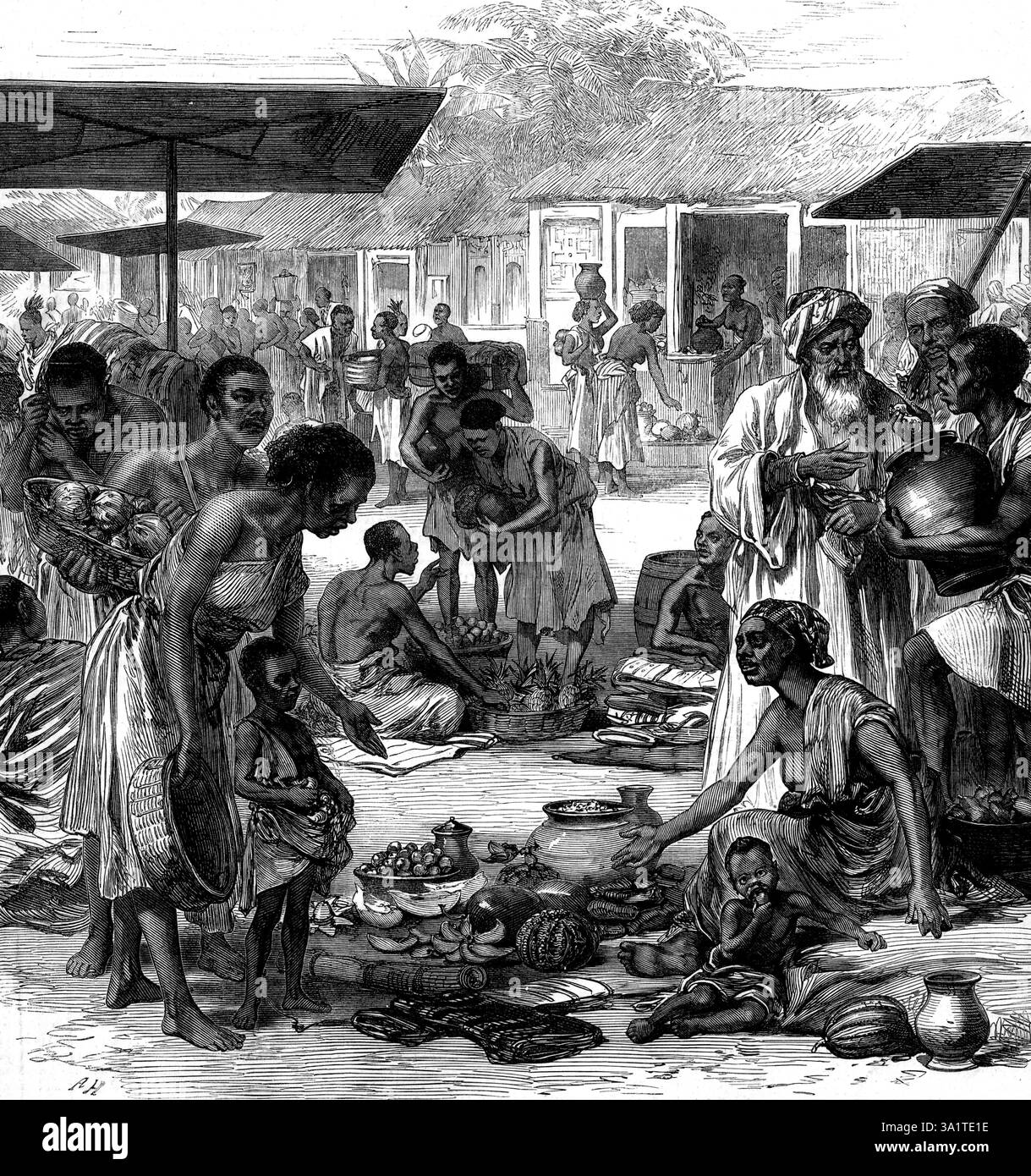 La guerre Ashantee : le marché à Coomassie, 1873. 'Coomassie [dans la Gold Coast est] la capitale du roi Koki Kankalli... les rues sont larges, les maisons sont la plupart du temps uniformes dans la structure... la façade des maisons sont ornées de figures géométriques grossières en relief, colorées en rouge, et au-dessus du rez-de-chaussée blanchies à la chaux'. Tiré de "Illustrated London News", 1873. Banque D'Images