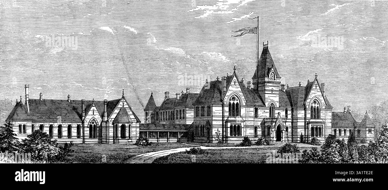 La nouvelle infirmerie de Wigan, 1873. "L'ouverture de cette institution par le Prince et la Princesse de Galles il y a peu de temps sera fraîche dans la mémoire de nos lecteurs. Il a été construit, au coût d'environ &#xa3;30,000, par Mr. J. Wilson, Wigan, à partir des plans et sous la supervision de Mr. T. Worthington, Manchester. Il est situé sur un endroit surélevé, à 800 mètres de la ville, et fait face à la route principale de Wigan. Les bureaux administratifs et le dispensaire occupent le centre, dont la droite et la gauche sont des ailes pour hommes et femmes. À l'arrière des bureaux est un pavillon de deux étages pour la chirurgie o Banque D'Images