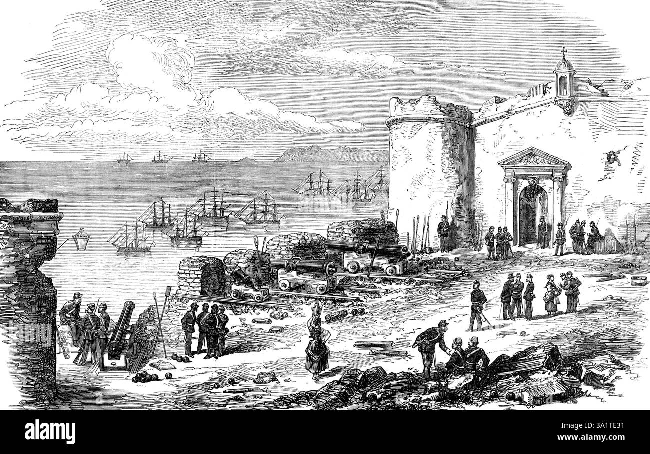 Guerre civile en Espagne : batterie de sac de sable pour la défense d'Alicante, 1873. Illustration '...from un croquis du lieutenant G. B. Bromley, de H.M.S. Endymion, qui montre l'intérieur d'une des batteries de sacs de sable des défenseurs. Cette batterie a été placée juste à l'extérieur de l'ancienne tour mauresque, à l'entrée des marches qui mènent au fort sur la colline. Il était armé de deux 24 livres, un de 18 livres et un de 7 pouces. mortier, qui ont tous été descendus du fort au-dessus. Plusieurs obus des navires attaquants éclatent près de la batterie, mais aucun ne l'a frappée ; et les hommes de la batterie ont facilement trouvé refuge Banque D'Images Guerre civile en Espagne : batterie de sac de sable pour la défense d'Alicante, 1873. Illustration '...from un croquis du lieutenant G. B. Bromley, de H.M.S. Endymion, qui montre l'intérieur d'une des batteries de sacs de sable des défenseurs. Cette batterie a été placée juste à l'extérieur de l'ancienne tour mauresque, à l'entrée des marches qui mènent au fort sur la colline. Il était armé de deux 24 livres, un de 18 livres et un de 7 pouces. mortier, qui ont tous été descendus du fort au-dessus. Plusieurs obus des navires attaquants éclatent près de la batterie, mais aucun ne l'a frappée ; et les hommes de la batterie ont facilement trouvé refuge Banque D'Images