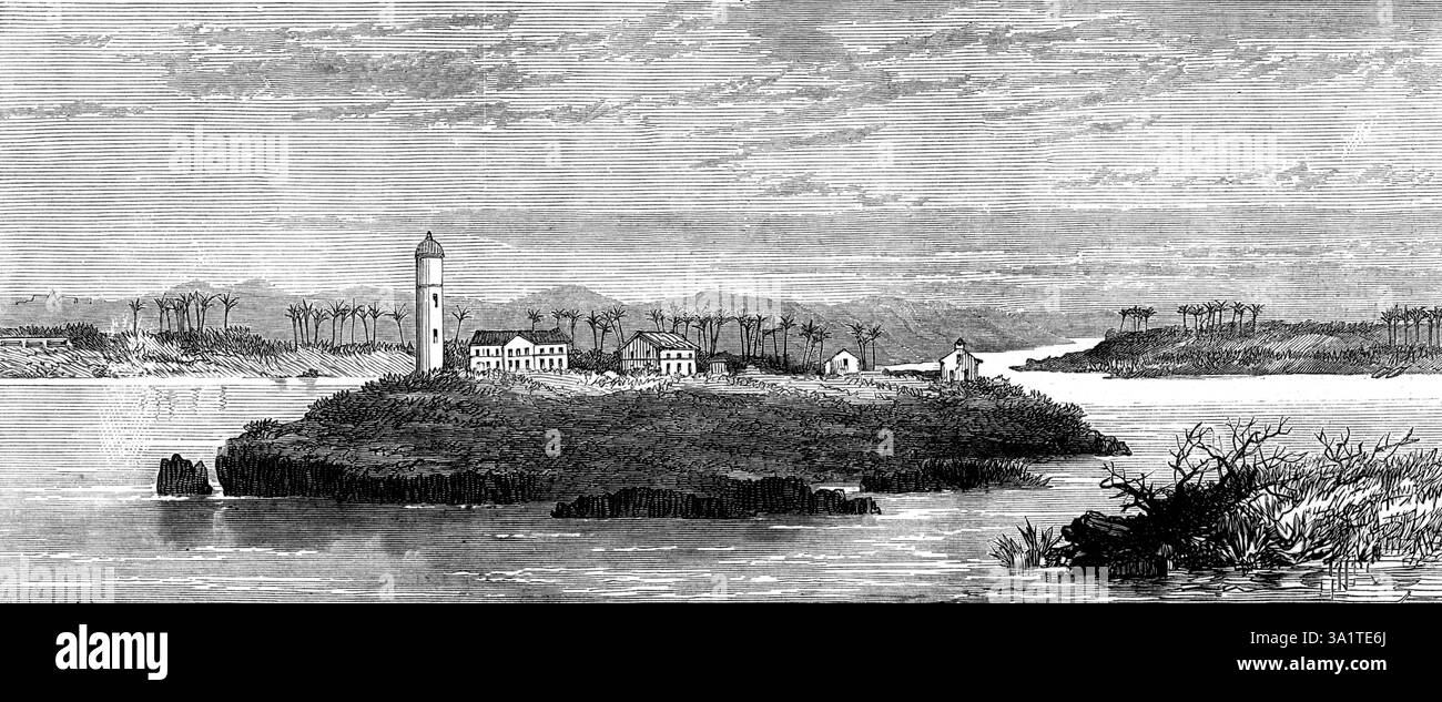 Cape Palmas et Harper Town, côte ouest de l'Afrique, 1873. 'Le Cap Palmas est ce point de la côte ouest africaine où le golfe de Guinée s'ouvre directement à l'est, de sorte que la côte s'étend désormais principalement d'ouest en est, à 18 degrés. De longitude, à la côte du Biafra, située au nord et au sud, qui forme un angle droit avec elle. Cet endroit se trouve dans le comté du Maryland, la partie la plus à l'est de la République n*gro du Libéria, formée, il y a un demi-siècle, par les sociétés de colonisation américaines, au profit des n*groes émancipés retirés des États-Unis. Cape Palmas est un rocher Banque D'Images
