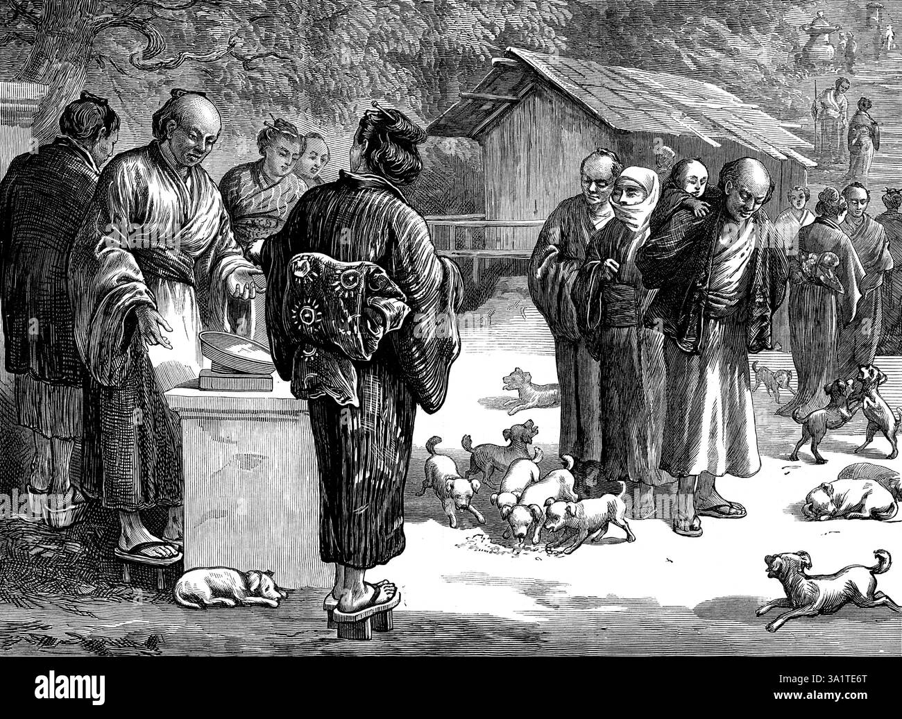 Croquis au Japon : nourrir les chiots-chiens au temple bouddhiste d'Oyama, 1873. Notre artiste spécial récemment au Japon, après avoir visité la célèbre montagne sacrée Fusiyama, est allé à un autre appelé Oyama, qui est moins connu de nous. Le nom est expliqué : le préfixe syllabique "O" signifie "grand" et est utilisé dans un sens honorifique ; tandis que "Yama" signifie "une montagne". M.R. Simpson décrit ainsi une scène qu'il a vue là: "Oyama est d'environ 6000 pieds. haut, et est finement boisé, avec des temples sur ses côtés, qui sont de grands lieux de pèlerinage. Le jour de ma visite I Banque D'Images