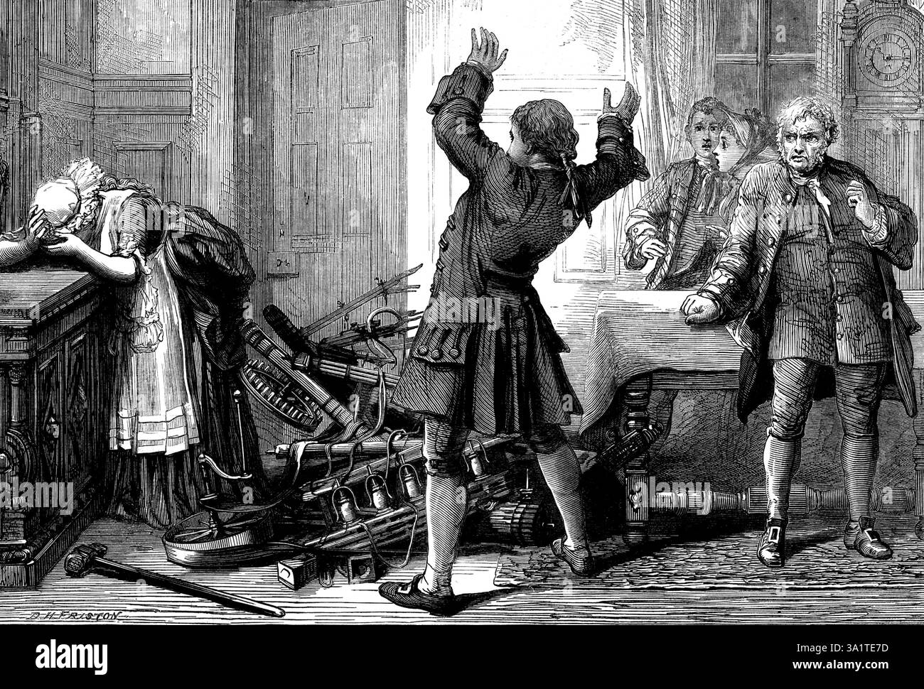 Scène de "Arkwright's Wife", au Globe Theatre, 1873. Production scénique de Londres. « Les mérites de ce drame... ont été universellement reconnus. C'est une nourriture si solide que la scène moderne présente rarement dans la voie du divertissement. Il n'a rien de la légèreté et de la faible profondeur de certaines productions récentes, mais traite des réalités substantielles de la vie, telles qu'elles se produisent réellement dans la pratique quotidienne. Notre illustration représente le tableau formé à la fin du deuxième acte, lorsque, après la destruction de la machine par la femme malavisée de l'inventeur, à la suggestion Banque D'Images
