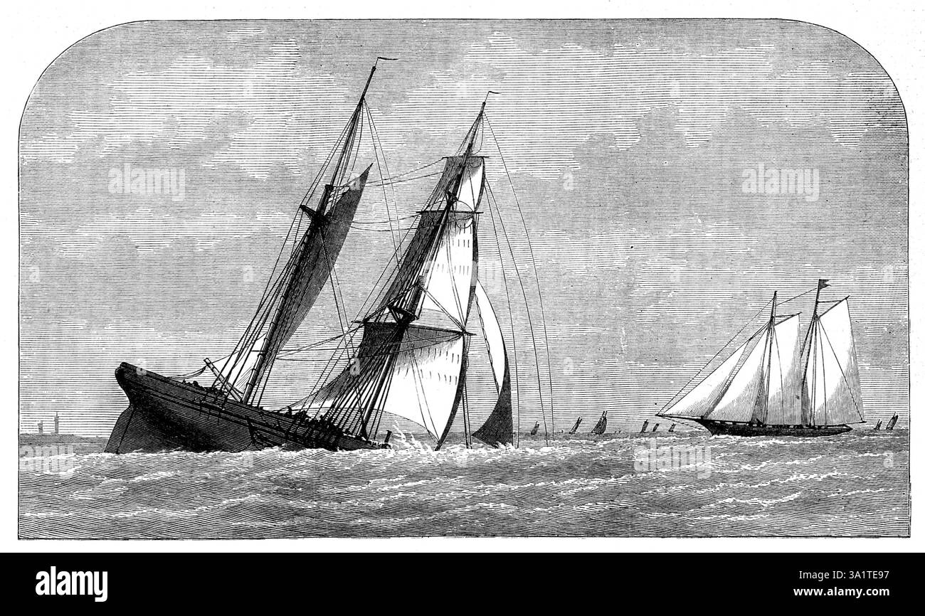 Naufrage d'un collier au large de Lowestoft - le yacht Violet à portée de main, 1873. « Mr. J. R. Kirby, contre-commodore du Royal Cinque ports Yacht Club, et propriétaire du yacht Violet, a rencontré une aventure extraordinaire... en passant devant Aldborough... il a fait un croquis à partir duquel nous avons fait une gravure. "...la mer augmentait, et nous observions une grande brigantine près de nous, avec toute sa toile sertie. Puis soudain,... le vaisseau a fait un plongeon, et est descendu la tête la première. Je pouvais à peine croire mes yeux à une disparition aussi soudaine, mais bien sûr, j'ai immédiatement descendu vers le bas à l'endroit, et trouvé t Banque D'Images