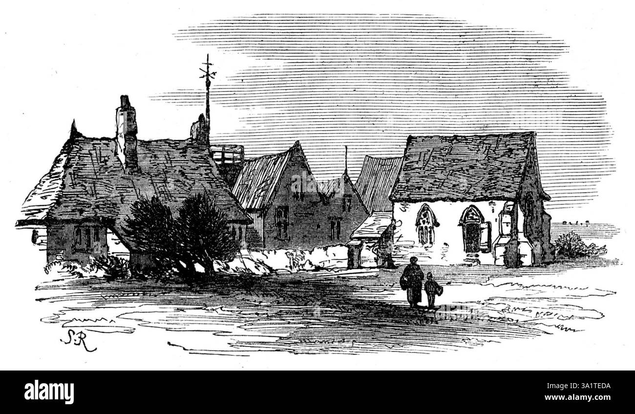 L'île de Thanet [dans le Kent] : Salmeston Grange, Margate, 1873. 'Salmestone Grange, dont les parties anciennes restantes, autrefois chapelle et infirmerie des moines, sont maintenant utilisées comme grange et grenier, était un appendice rural du grand monastère d'Augustine à Canterbury. Plusieurs vieilles fermes dans les hameaux près de Margate ont une singularité d'aspect susceptible d'attirer l'attention de l'étranger. Les noms mêmes, comme Quex, Muthrix, Acol, peu profondes, et vingt, semblent lui rappeler Tudor ou même Plantagenet Times and Characters'. Tiré de "Illustrated London News", 1873. Banque D'Images