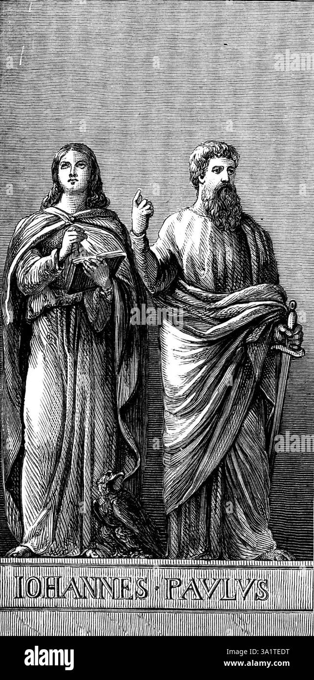 L'exposition de Vienne : tapisseries pour la décoration murale - les Apôtres Paul et Jean, 1873. Exemple de « très fine art-manufacture produit par une firme anglaise, messieurs Thomas Tapling et Co. Ils contribuent à l'exposition de différentes pièces de tapisserie du tissu appelé brevet Axminster, chacune tissée en une seule pièce (sans couture) par des machines. Ces tapisseries sont destinées à des pièces d'autel, des écrans ou d'autres décorations murales, et représentent le Christ et ses apôtres. Les figures, tirées des célèbres statues de Thorwaldsen dans la cathédrale de Copenhague, sont plus grandes que nature, et ont été arrangées Banque D'Images