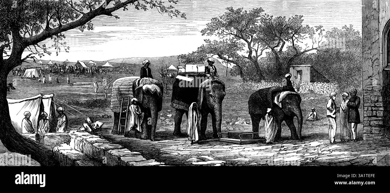 Indian Frontier Sketches : vue du camp près de la tombe de Nourmahal, 1873. Gravure à partir d'un croquis '...par un officier de marine - le lieutenant Francis Ingram Palmer - qui a visité le camp...d'exercices pour l'armée indienne [britannique], tenus au début de cette année, sous la surveillance personnelle de Lord Napier de Magdala, le commandant en chef...les sujets particuliers de nos illustrations ne sont que deux ou trois scènes et incidents dans et autour du camp. L'un d'eux est l'apparition d'un éléphant à vapeur, comme on pourrait appeler le monstre d'un moteur de traction traînant une charge de bière de la Murre Banque D'Images