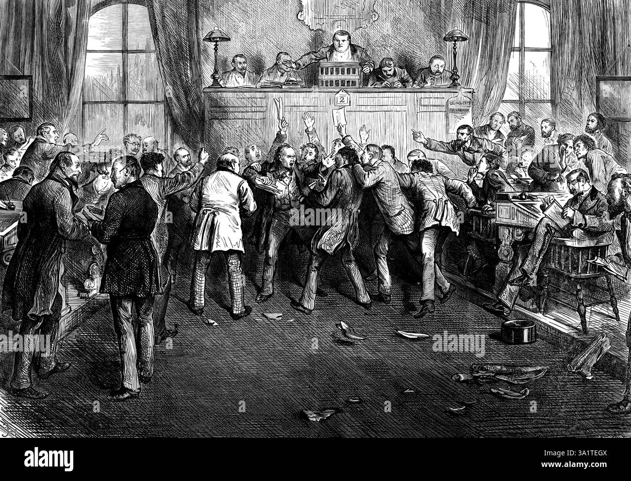 The Money Market Panic in America : Scene at the Stock Exchange, San Francisco, 1873. Celui qui a vu les derviches hurlants et tourbillonnants du Caire imaginerait, s'il visitait le San Francisco Stock and Exchange Board, que les deux sectes étaient là combinées, et pratiquaient ensemble chacun de leurs rites. En faisant leurs affaires, les députés se précipitent, à intervalles fréquents, au milieu de la salle, et tous crient au sommet de leur voix... et en même temps ils lèvent les bras en l'air... c'est principalement le stock minier qui est traité ici ; et la fonction du président Banque D'Images