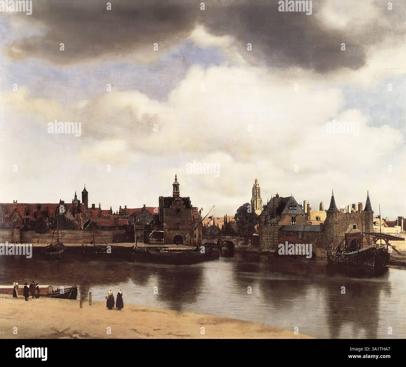 VERMEER VAN DELFT, Jan (1632, Delft, d. 1675, Delft) vue de Delft 1659-60 huile sur toile, 98,5 x 117,5 cm Mauritshuis, la Haye signature : signé avec monogramme, ci-dessous à gauche sur le bateau. Provenance : ce tableau, le plus célèbre de Vermeer, faisait partie de la vente d'Amsterdam de 1696, non. 31 : 'la ville de Delft en perspective, vue du sud, par J. van der Meer de Delft ; fl 200.' Vente S. J. Sinistra et al., Amsterdam ; 1822, no. 112. Pour F 2 900 à de Vries. Acheté par l'État des pays-Bas. Les vues topographiques des villes étaient devenues une tradition à l'époque Vermeer Banque D'Images