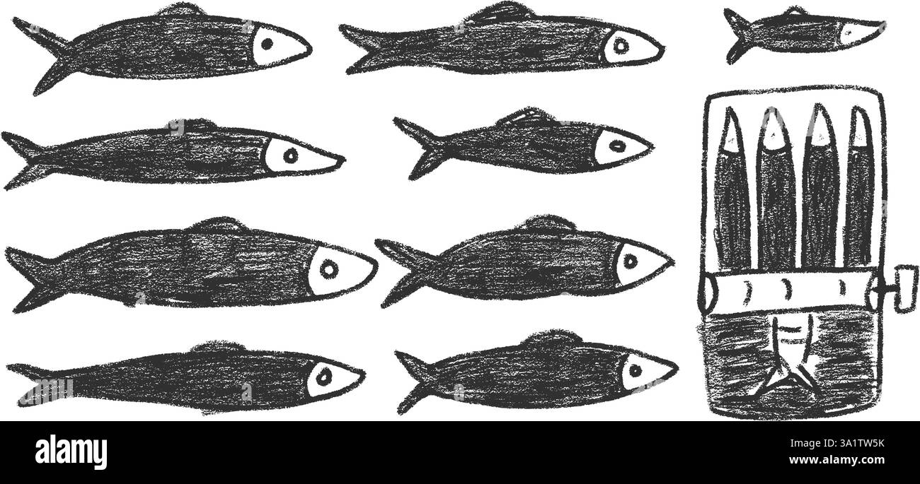 Ensemble de doodle de sardines charbon de bois. Poisson en conserve gribouillage dessiné à la main. Conserves de poissons. Ouvrez le moule à sardine. Vecteur conserver manger illustration par crayon isolé sur Illustration de Vecteur