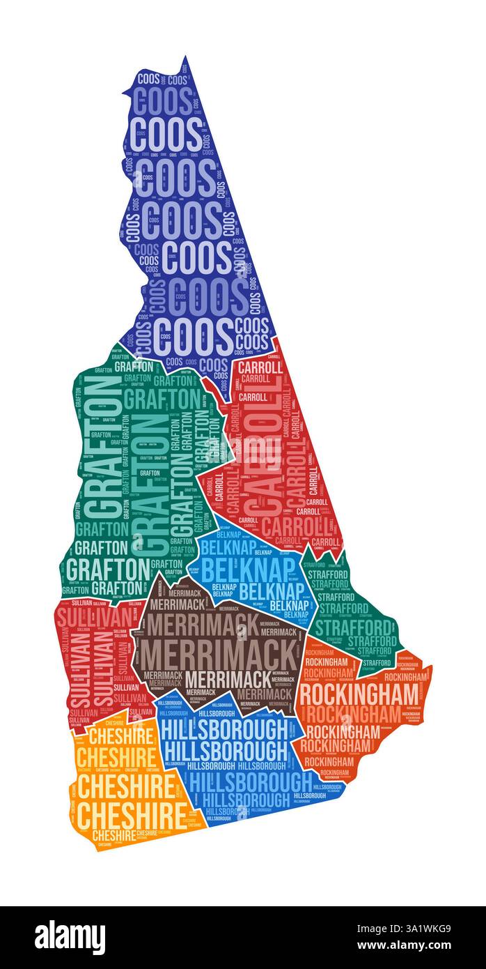 Forme du New Hampshire. Indiquez le nuage de mots avec la division du comté. Illustration colorée du New Hampshire. Nuage de noms de comté. Illustration vectorielle. Illustration de Vecteur