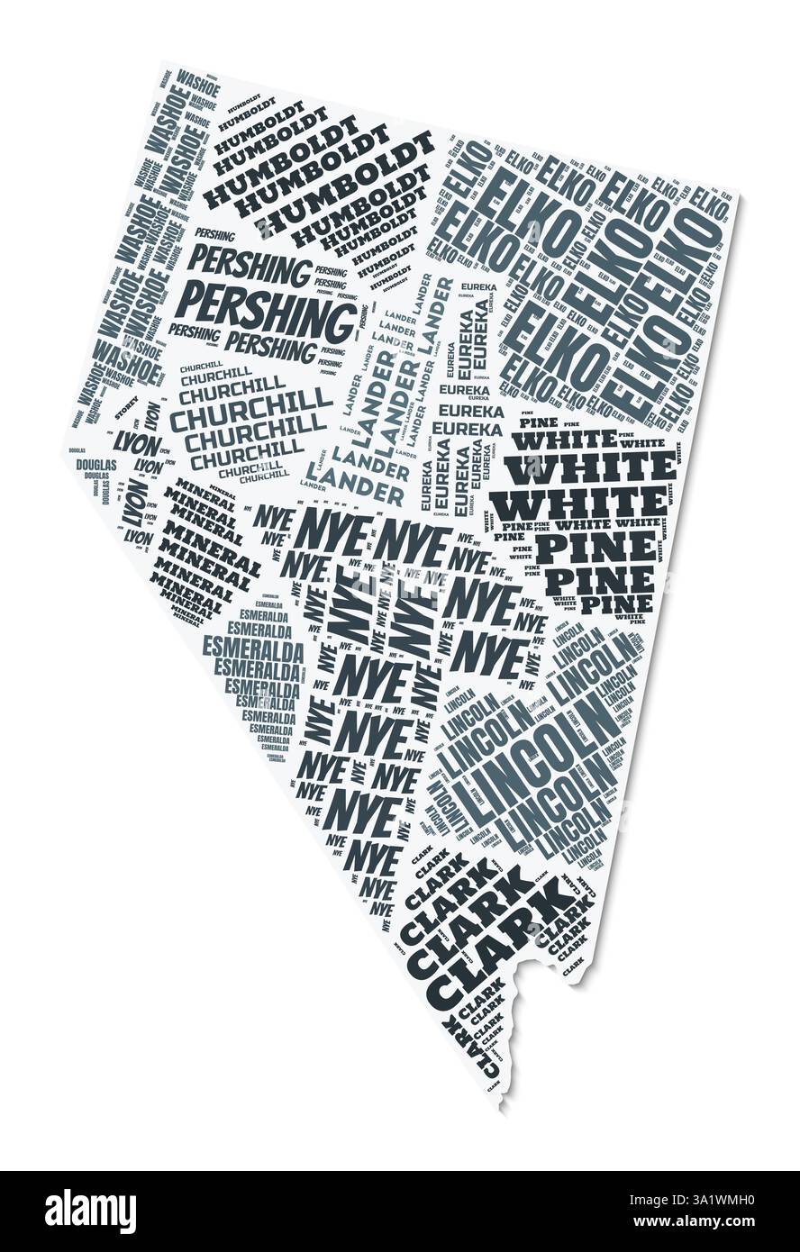 Nuage de texte de forme Nevada. Frontière d'état avec ombre sur fond blanc. Nevada avec division des comtés dans le style vintage gazette. Illustration de Vecteur