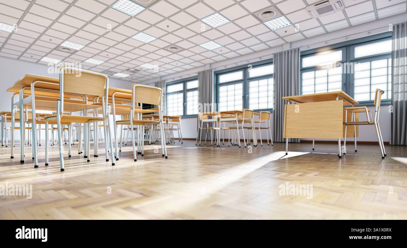 Salle de classe vide avec des bureaux en bois et des chaises 3d fond Banque D'Images