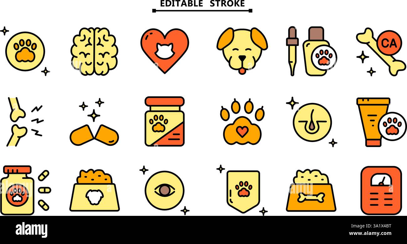 Ensemble d'icônes de vitamines pour animaux de compagnie. Contour modifiable. Différents types de médicaments pour animaux de compagnie, vitamines et suppléments. Icônes vectorielles simples pour ui et ux, site Web ou Mo Illustration de Vecteur