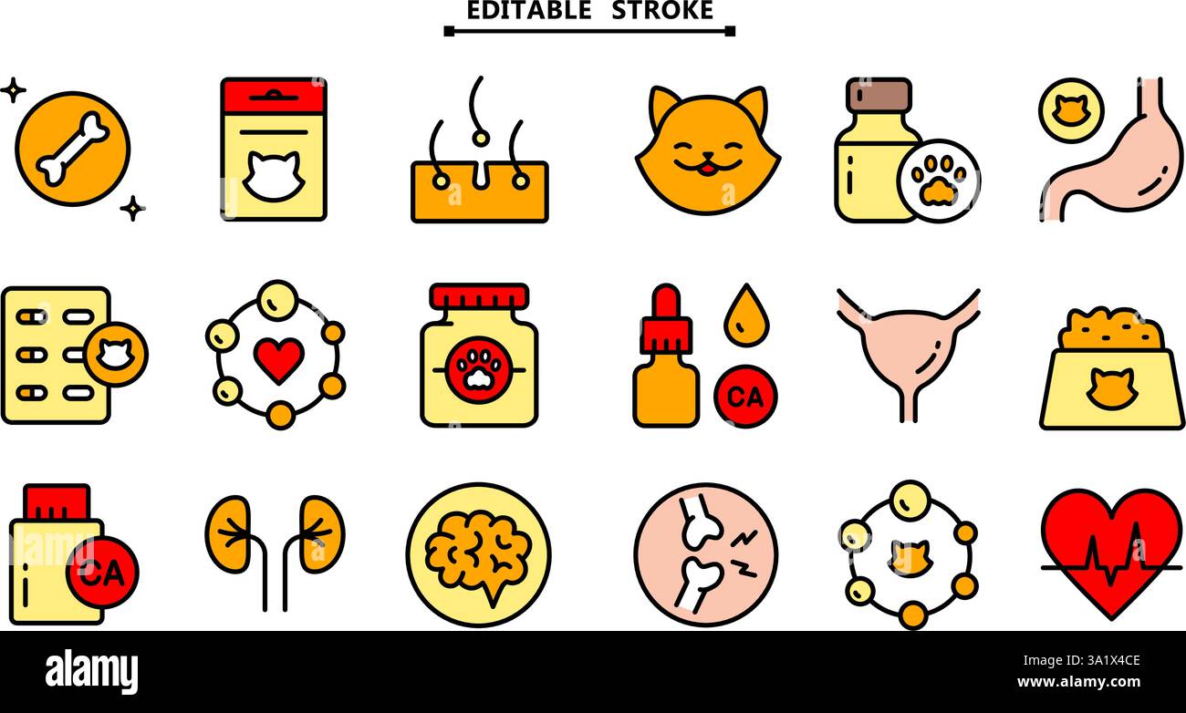 Ensemble d'icônes de vitamines pour animaux de compagnie. Contour modifiable. Différents types de médicaments pour animaux de compagnie, vitamines et suppléments. Icônes vectorielles de couleur simples pour ui et ux, site Web Illustration de Vecteur