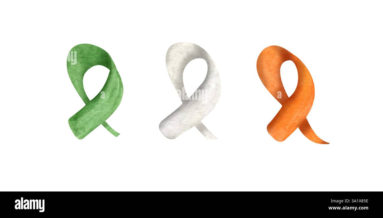 Vert, blanc, rubans orange clip art illustration aquarelle arrière-plan isolé. Éléments festifs de vacances en Irlande couleurs de drapeau pour Saint Patrick d Banque D'Images