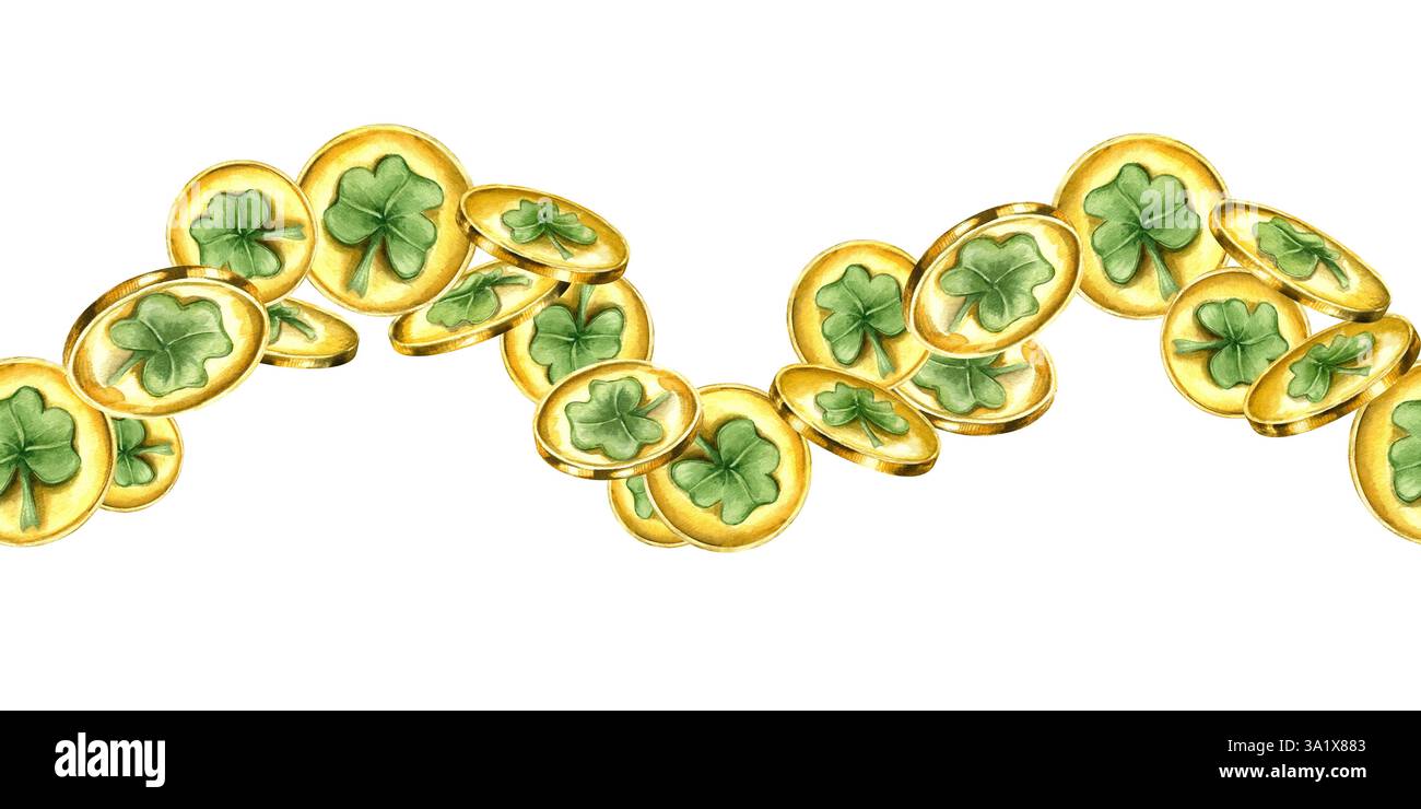 Aquarelle pièces d'or ondulées bannière sans couture arrière-plan isolé. Motif argent Shamrock doré de la Saint Patrick. Illustration ornée de vacances Banque D'Images