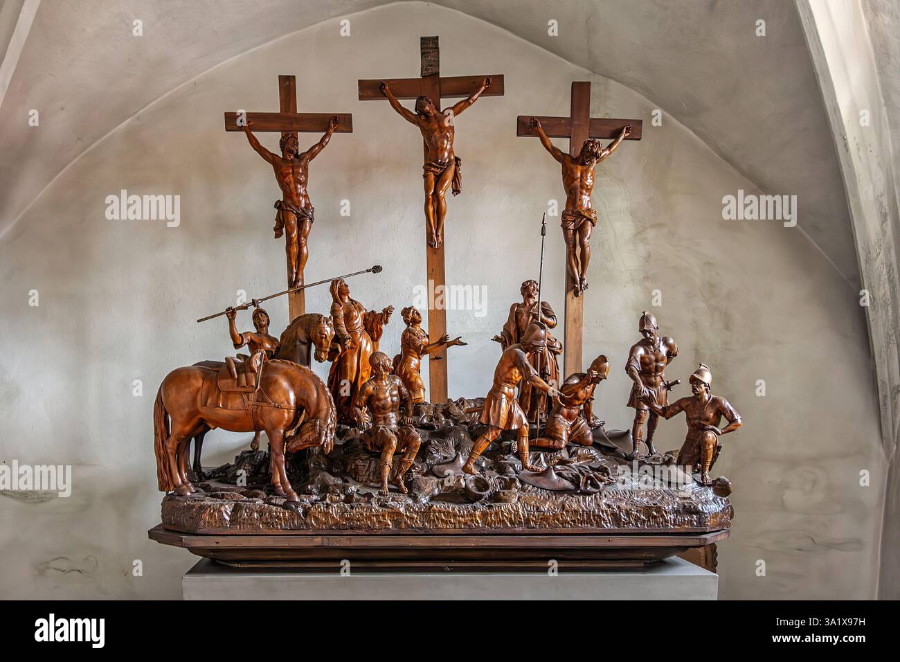 Sculpture en bois représentant la passion du Christ sur le Golgotha, conservée dans l'église notre-Dame de Bamberg. Bamberg, Bavière, Allemagne, Europe Banque D'Images