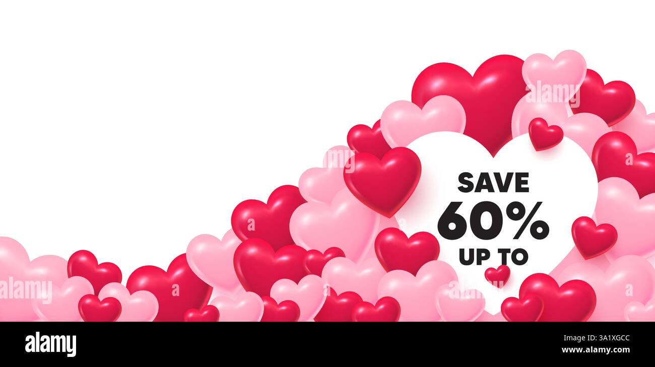 Bulle en forme de coeur à prix réduit. les coeurs 3d aiment le fond. Économisez jusqu'à 60 %. Affiche de prix de l'offre de réduction. Symbole d'offre spéciale. Saint-Valentin g Illustration de Vecteur