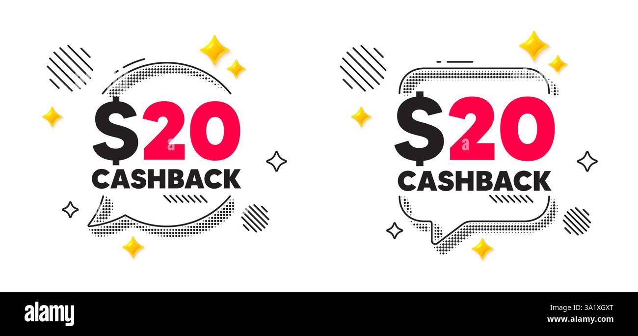 Bulle de discussion cashback. Concept de médias sociaux. Remise de 20 USD. Affiche d'offre de remboursement. Symbole de remise en argent. bulle de chat 3d flare stars. Vecteur Illustration de Vecteur