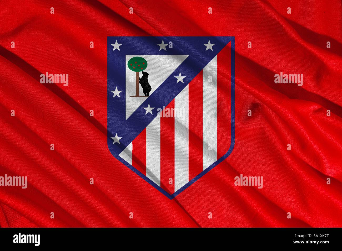 Pringsewu, Lampung 11 mars 2025 ; texture de fond du drapeau du logo du club de football de l'Atletico Madrid en LaLiga, Espagne. Illustration 3D. Banque D'Images