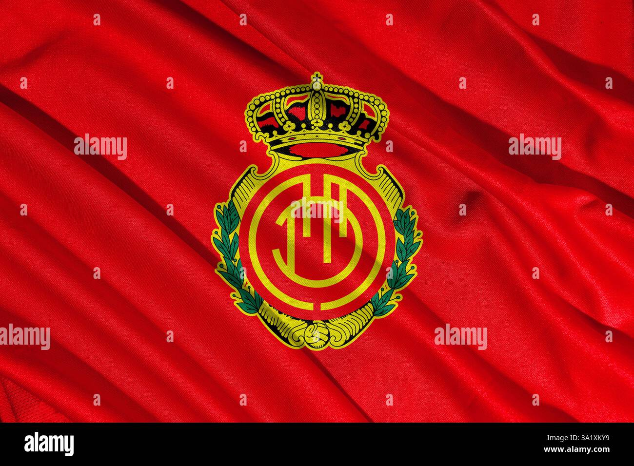 Pringsewu, Lampung 11 mars 2025 ; texture de fond du drapeau du logo du club de football du RCD Mallorca à LaLiga, Espagne. Illustration 3D. Banque D'Images
