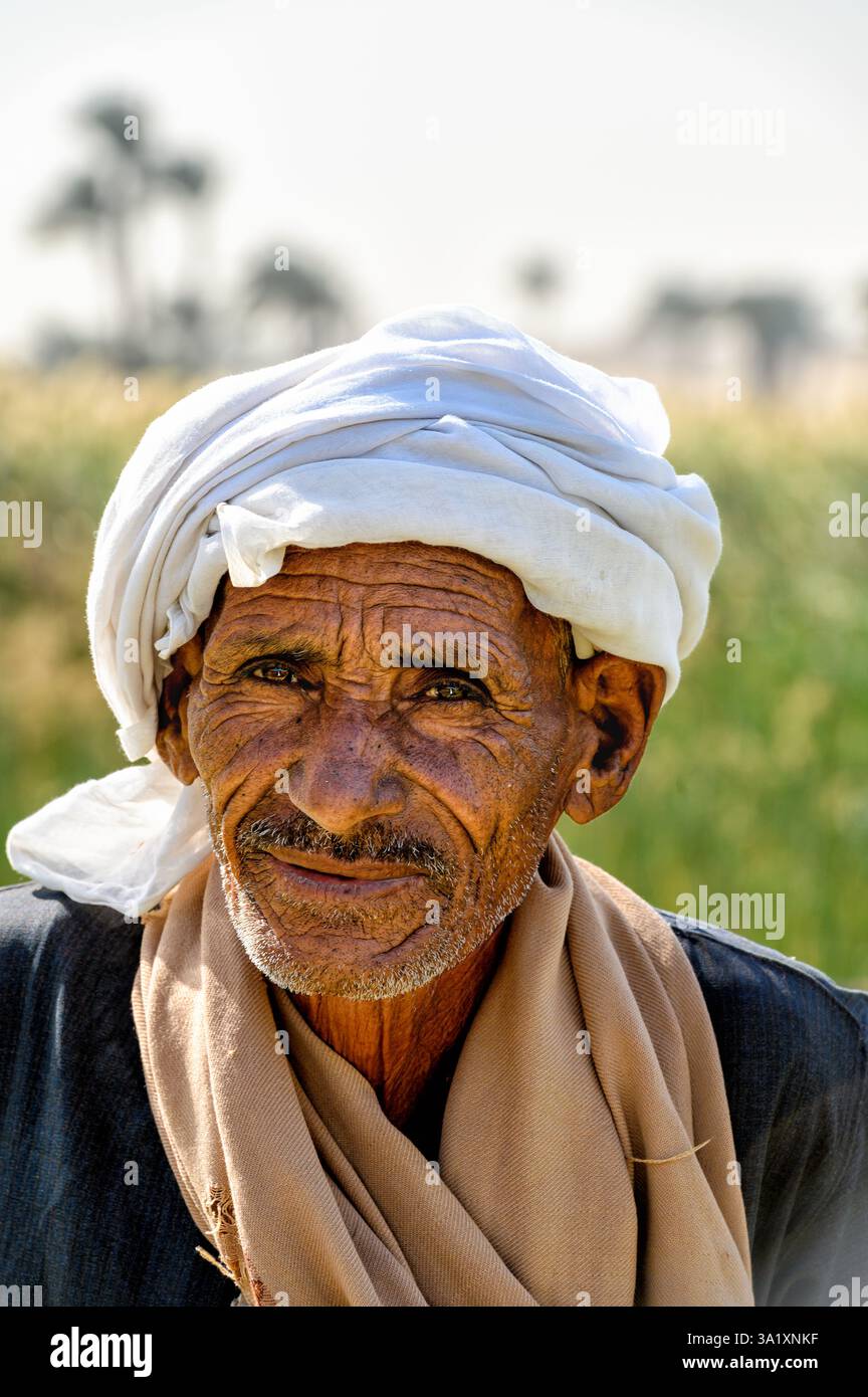 Portrait d'un berger usé par le temps et travaillant dur de la région de Dahshur en Egypte Banque D'Images
