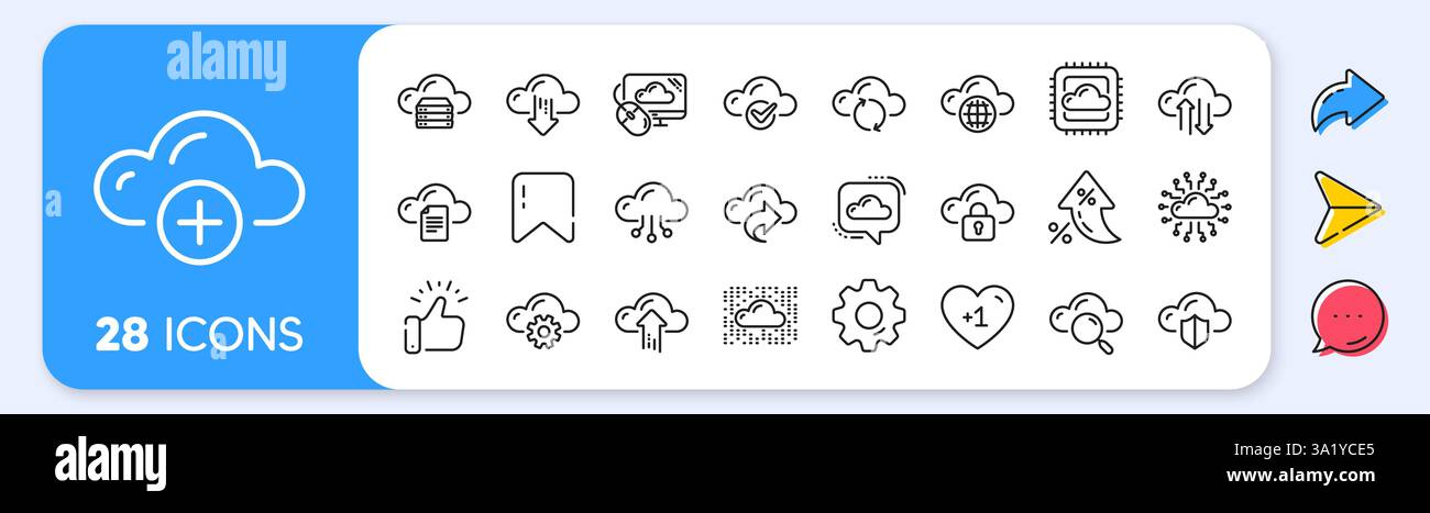 Icônes de ligne de données et de technologie Cloud. Ensemble d'hébergement, de données informatiques et de stockage de fichiers. Icônes de ligne d'application. Vecteur Illustration de Vecteur